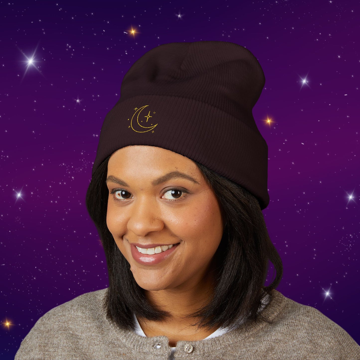 After Dark Logo Knit Cuffed Beanie - Embroidered Crescent Moon & Stars