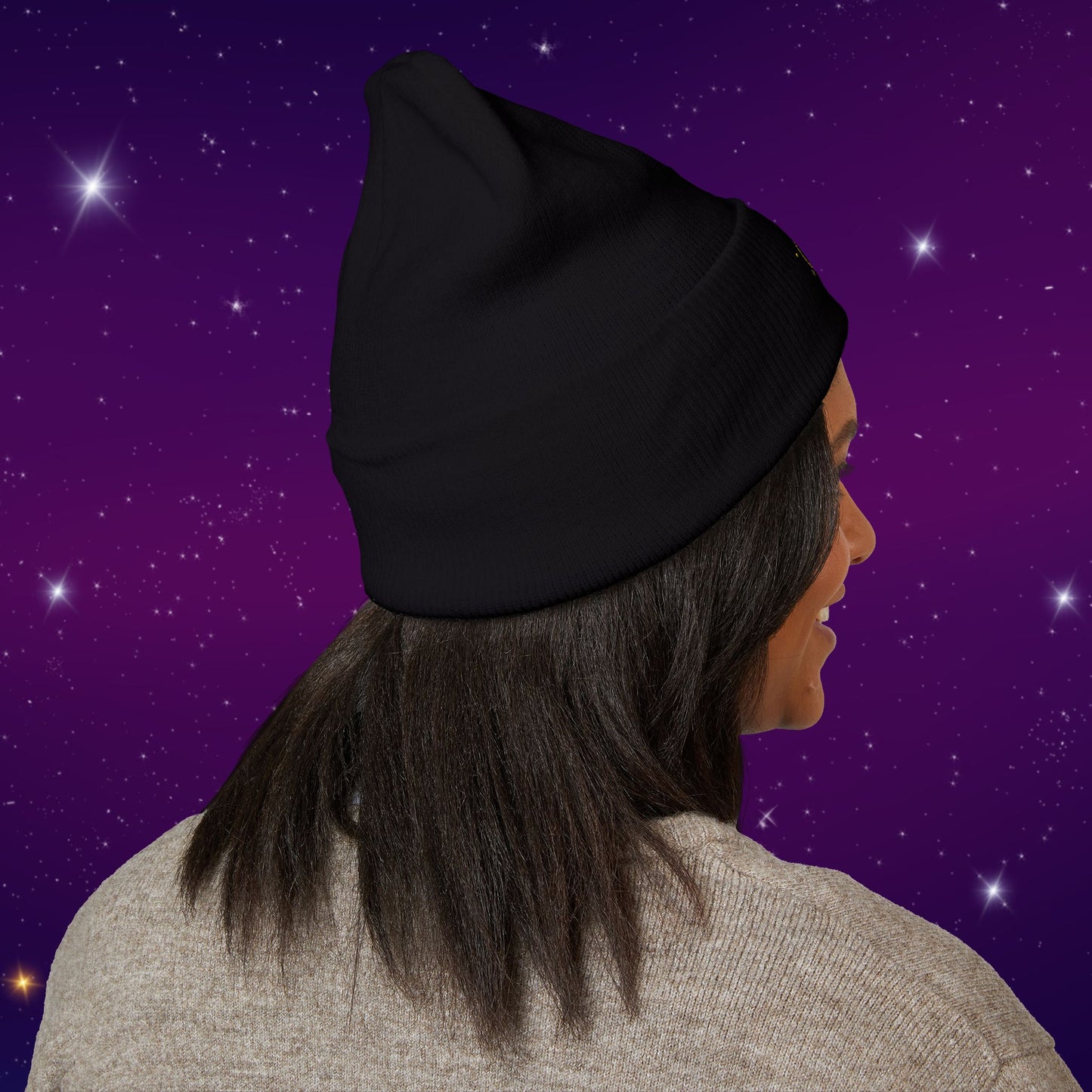 After Dark Logo Knit Cuffed Beanie - Embroidered Crescent Moon & Stars