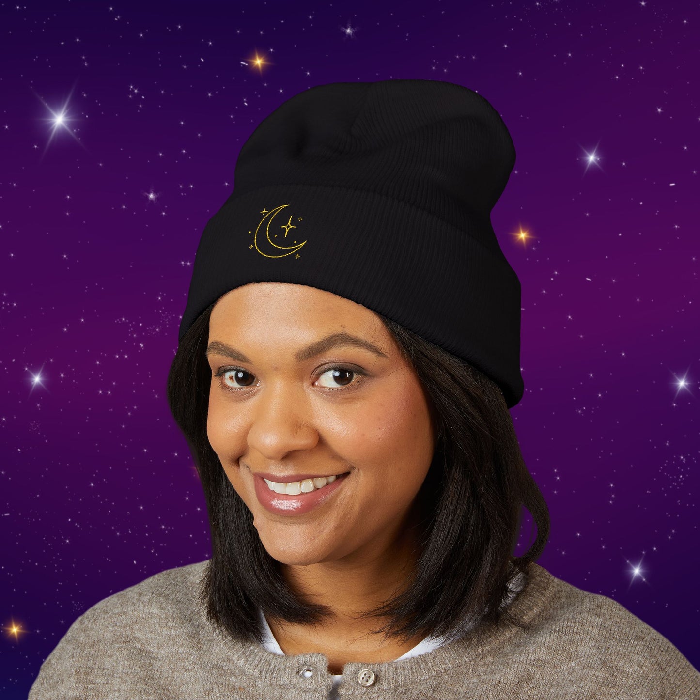 After Dark Logo Knit Cuffed Beanie - Embroidered Crescent Moon & Stars