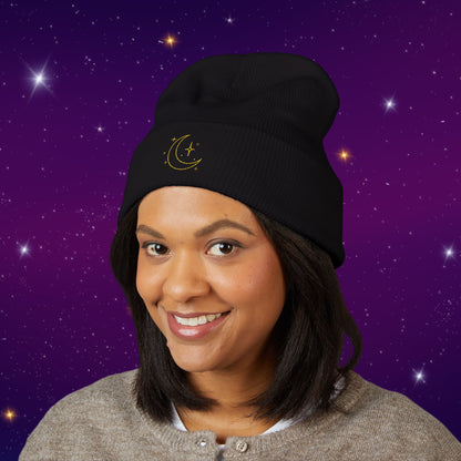 After Dark Logo Knit Cuffed Beanie - Embroidered Crescent Moon & Stars