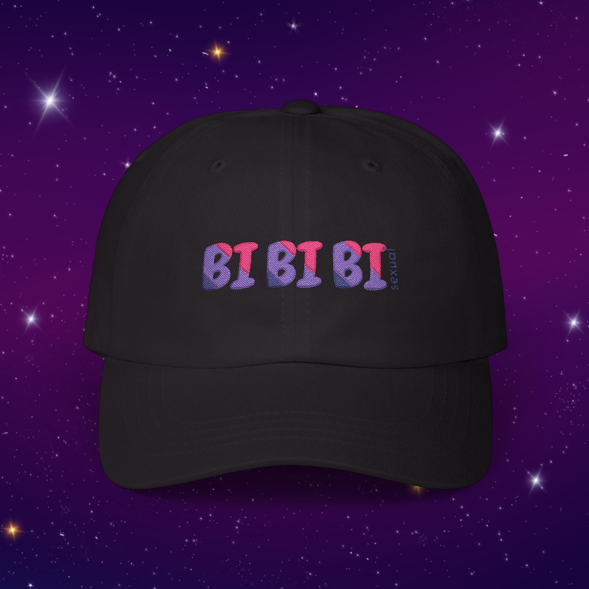 Bi Bi Bi - Punny Bisexual Pride Baseball Hat with Heart Embroidery