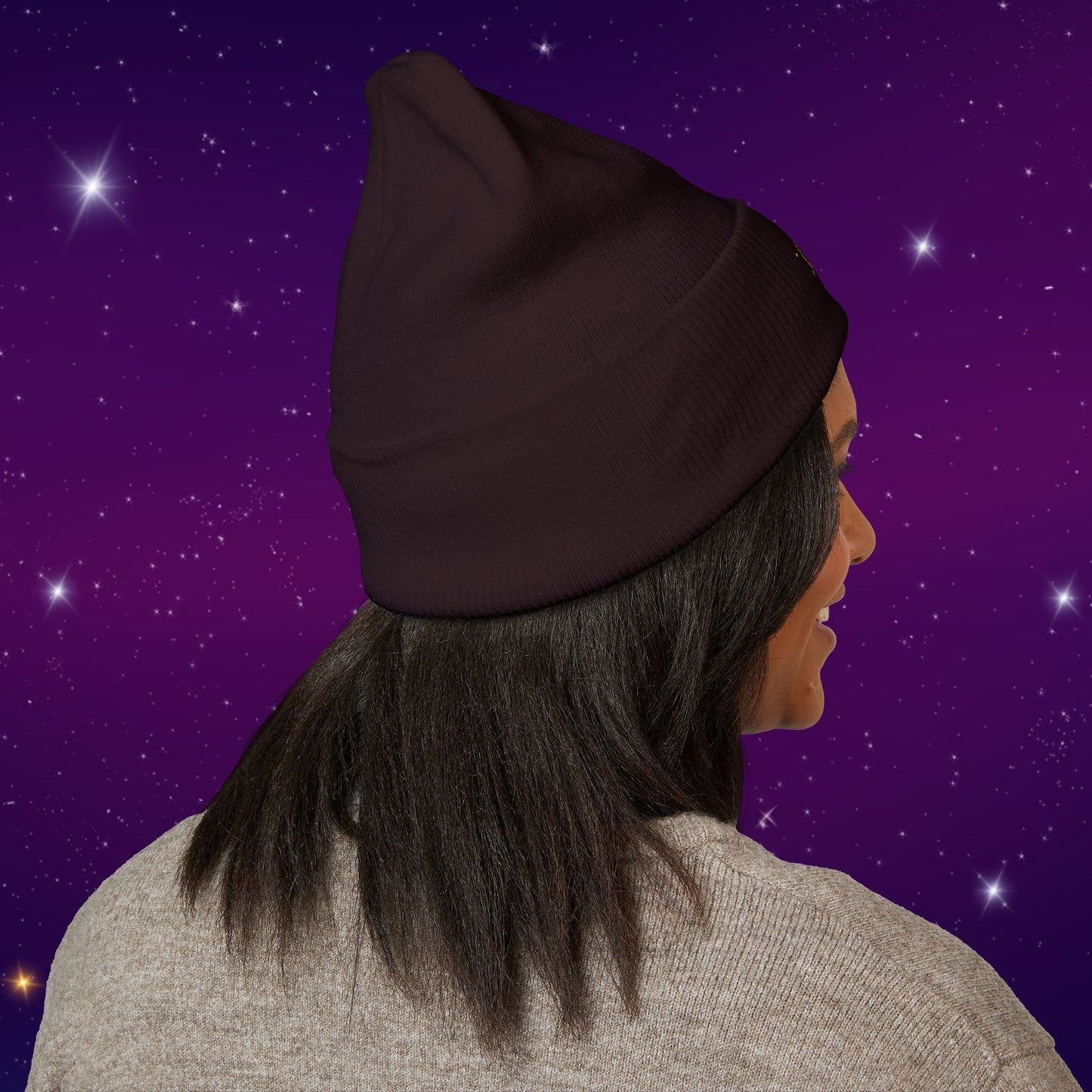 After Dark Logo Knit Cuffed Beanie - Embroidered Crescent Moon & Stars