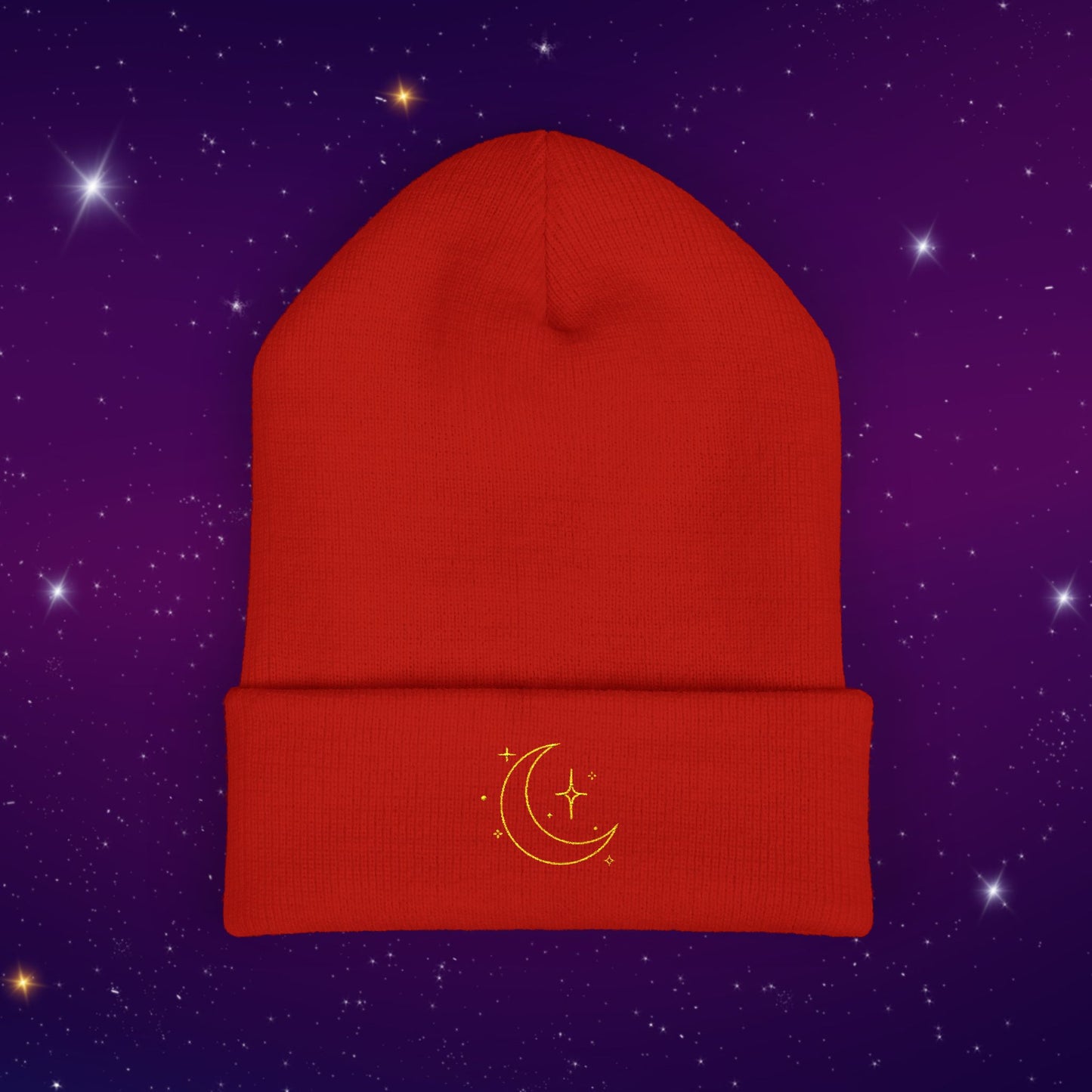 After Dark Logo Knit Cuffed Beanie - Embroidered Crescent Moon & Stars
