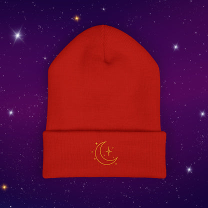 After Dark Logo Knit Cuffed Beanie - Embroidered Crescent Moon & Stars