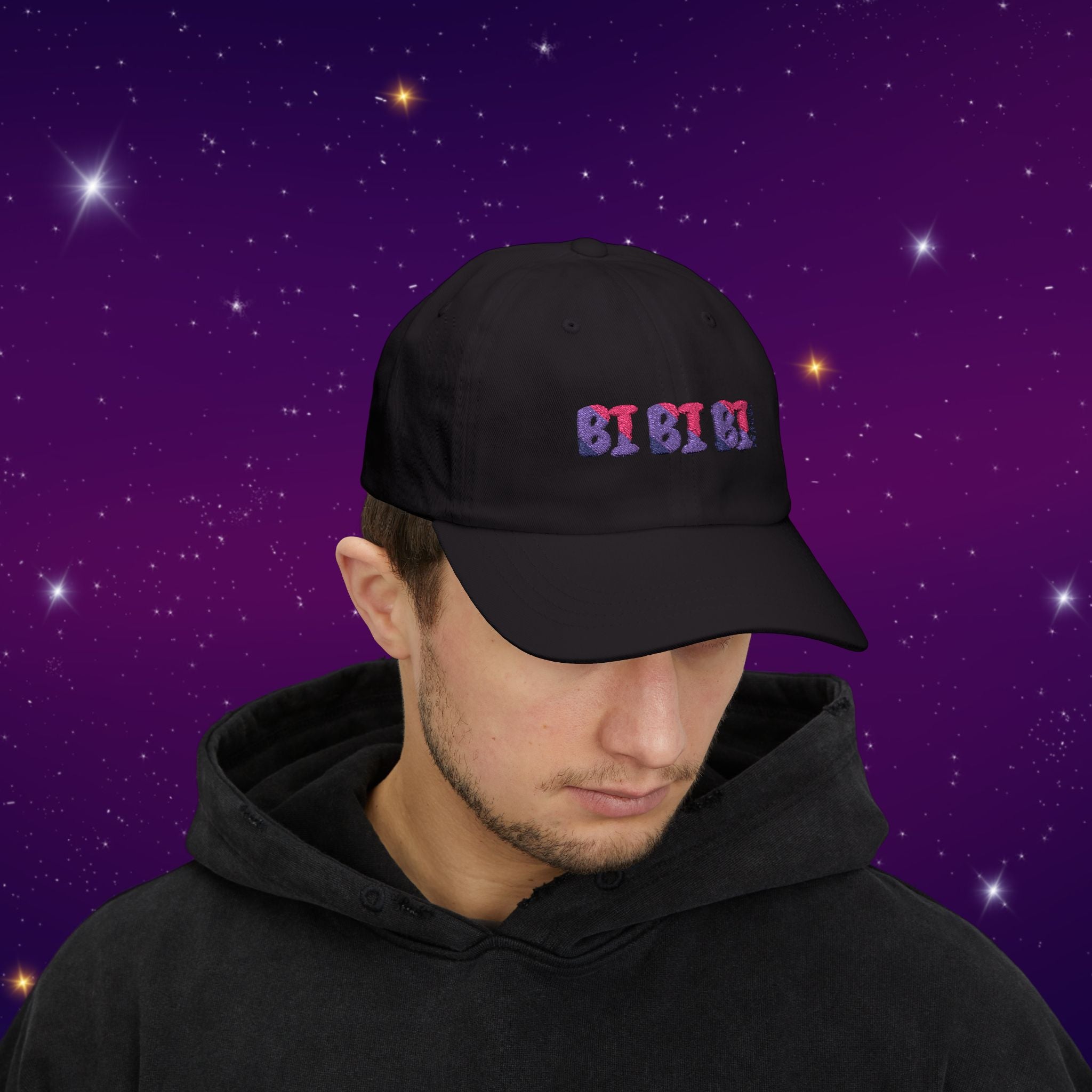 Bi Bi Bi - Punny Bisexual Pride Baseball Hat with Heart Embroidery