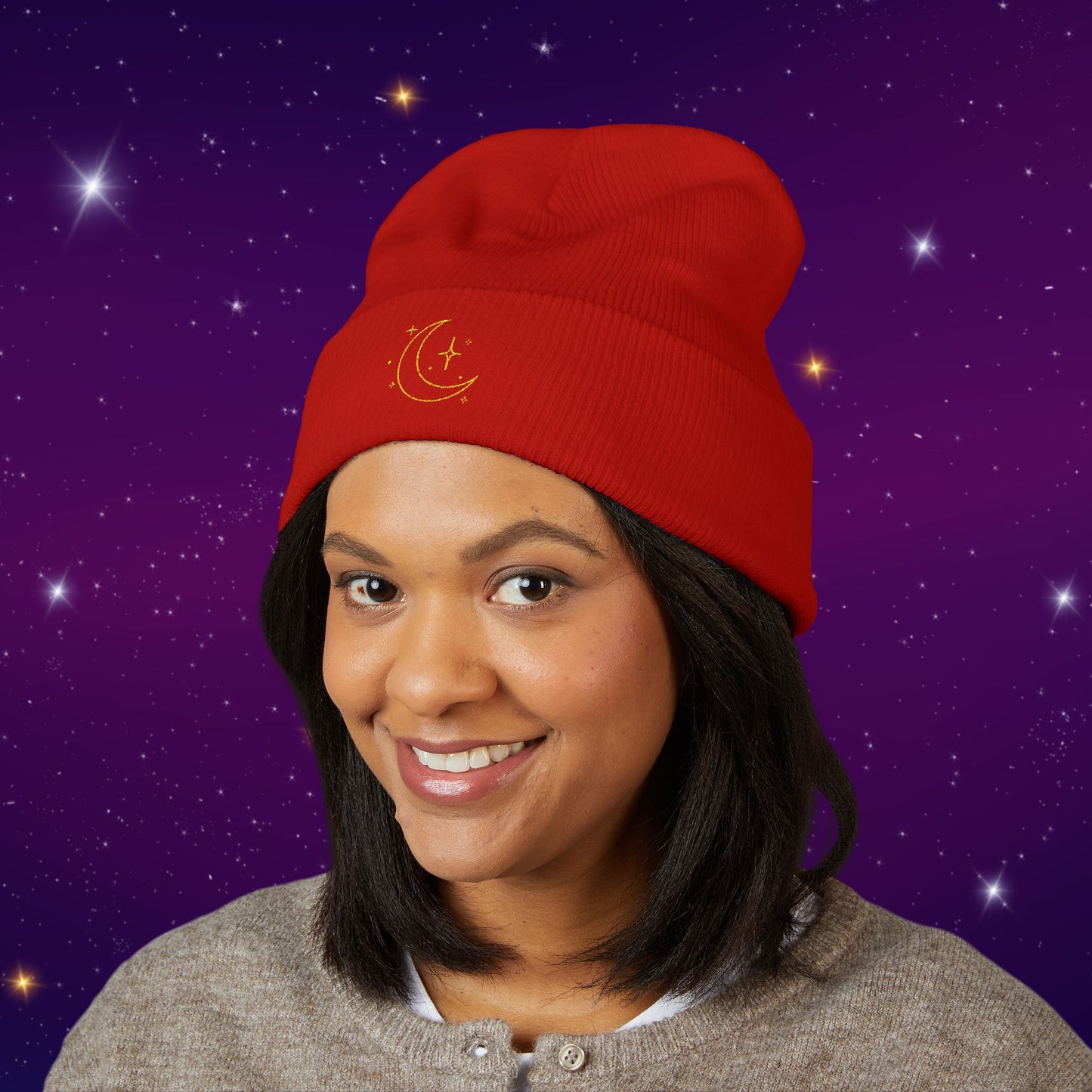 After Dark Logo Knit Cuffed Beanie - Embroidered Crescent Moon & Stars