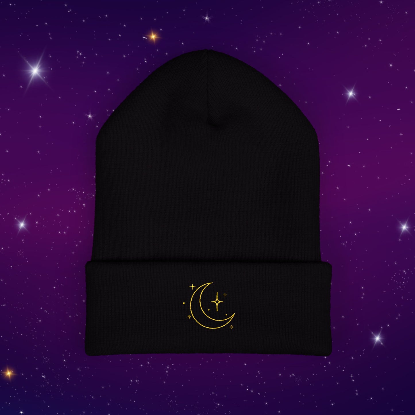 After Dark Logo Knit Cuffed Beanie - Embroidered Crescent Moon & Stars