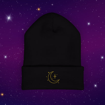 After Dark Logo Knit Cuffed Beanie - Embroidered Crescent Moon & Stars