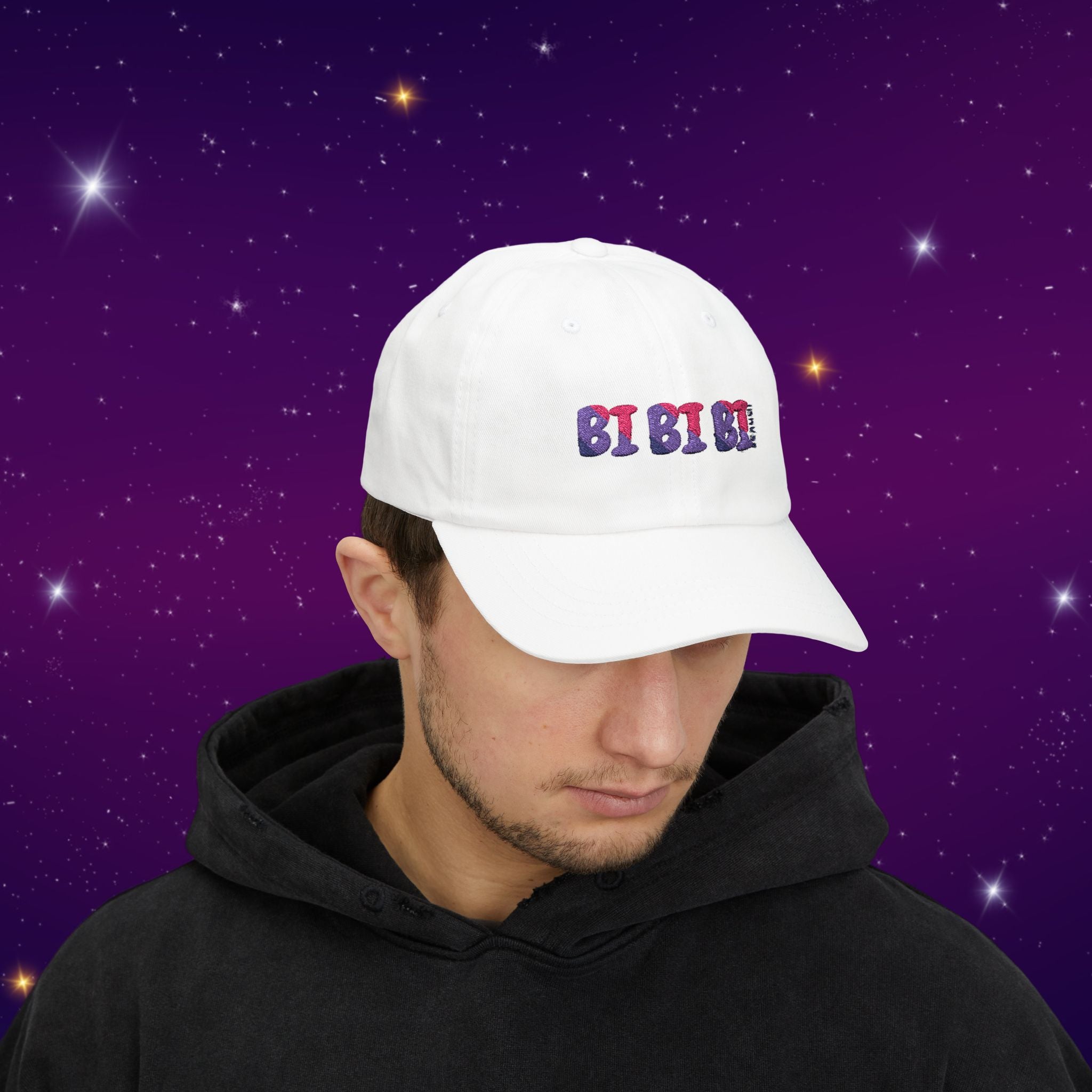Bi Bi Bi - Punny Bisexual Pride Baseball Hat with Heart Embroidery